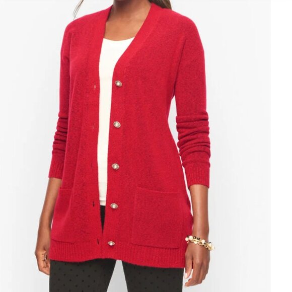 Talbots Red Alpaca Wool Blend Jeweled Buttons Cardigan Sweater Pockets - Picture 1 of 12